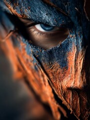 Intense Gaze of a Fierce Warrior Behind a Weathered Mask with Striking Blue Eyes