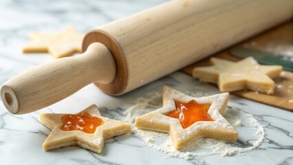 Star shaped cookies with jam filling and a rolling pin
