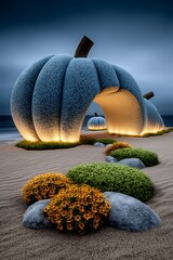 Giant Gourd Archway Illuminated on a Sandy Beach at Dusk