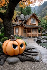 Cozy autumn cabin scene with a large carved pumpkin and fall foliage in the background
