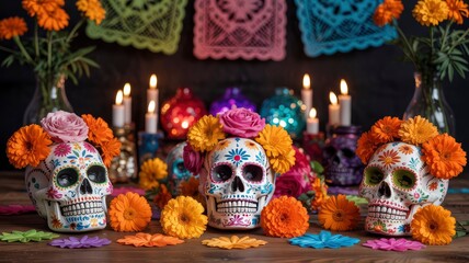 Dia de Muertos Sugar Skulls with Marigolds and Candles