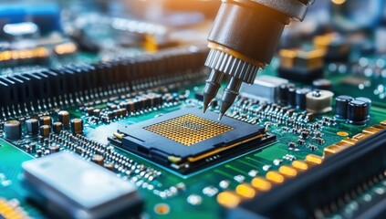 Close-up of a robotic arm soldering a microchip on a green printed circuit board with various electronic components.