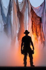 Man silhouetted against billowing fabric illuminated by orange light and mist creating an ethereal atmosphere