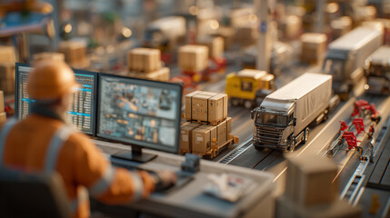 Delivery worker operating an autonomous vehicle fleet from a smart console, warehouse in the background filled with drones and robotic loaders. Busy, fast-paced setting.