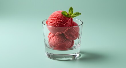 Refreshing Raspberry Sorbet in Glass with Mint