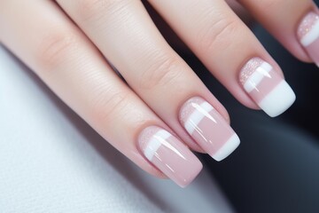 Woman showing stylish french glitter manicure on pastel background