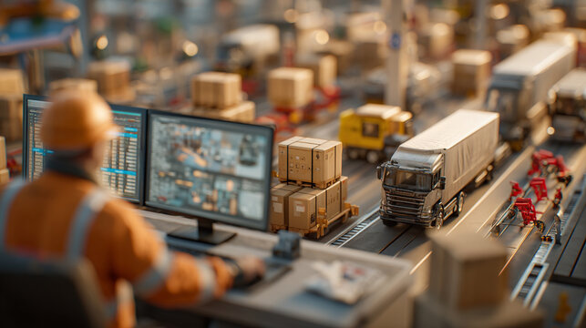 Delivery worker operating an autonomous vehicle fleet from a smart console, warehouse in the background filled with drones and robotic loaders. Busy, fast-paced setting.