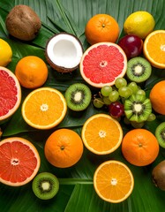 Vibrant Tropical Fruit Display on Lush Green Leaves