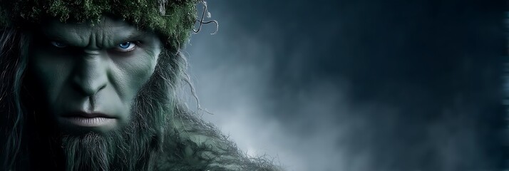 An ancient tree creature with a stern gaze and a beard covered in moss and water droplets