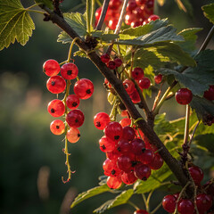Textured close-up of red currants on a branch, lit by soft natural light.