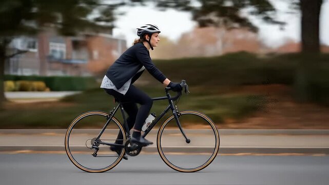 Bike to work day, cyclist riding side view on empty lane for commuter concept