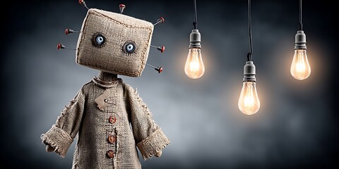 A creepy burlap doll with a square head and glowing light bulbs hanging above