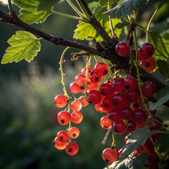 Textured close-up of red currants on a branch, lit by soft natural light.