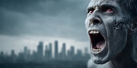 Terrifying zombie screaming with red eyes in front of a desolate city skyline