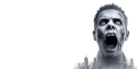 Terrifying Zombie Apocalypse in a Cityscape with a Screaming Undead Creature