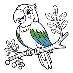  A cheerful cartoon parrot with green and blue feathers perched on a leafy branch
