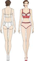 Clean technical sketch of a woman for undergarments or swimwear design