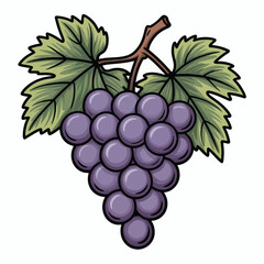 Fototapeta premium Cartoon Illustration of Purple Grapes with Green Leaves and Brown Stem