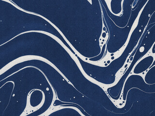 Abstract navy blue marbled paper texture with elegant white swirls. A conceptual background of dynamic liquid flow and fluid art movement.