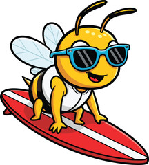 Cartoon bee surfing on a red surfboard wearing sunglasses and a white tank top vector illustration