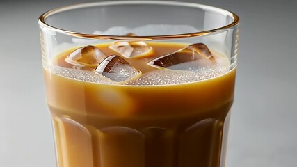 Refreshing iced coffee drink in a clear glass, served on a smooth surface with ice cubes visible - Powered by Adobe