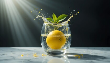 A whole lemon creating a splash in a glass of water with sunbeams