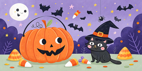 Charming Halloween scene with a friendly cat, pumpkin, bats, and candy corn under a smiling moon