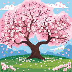Cherry Blossom Tree with Pink Flowers and Falling Petals Illustration