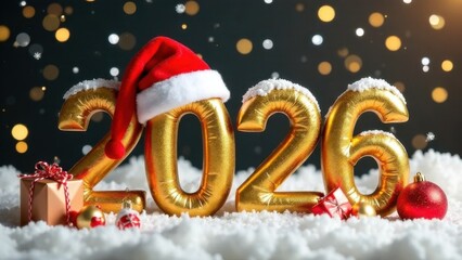 2026 gold sign, Happy New Year holiday card, 3d numbers on dark background with snow, gifts and Christmas cap for calendar