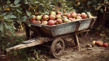 An old wooden wheelbarrow is parked among apple trees, overflowing with freshly picked apples. The orchard setting showcases the beauty of a fruitful harvest during autumn, surrounded by nature.