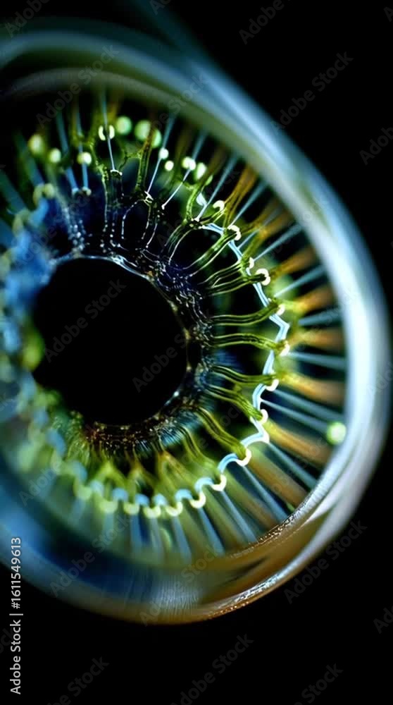 Poster agi. artificial general intelligence. a close-up abstract image of an eye’s iris with vibrant green 