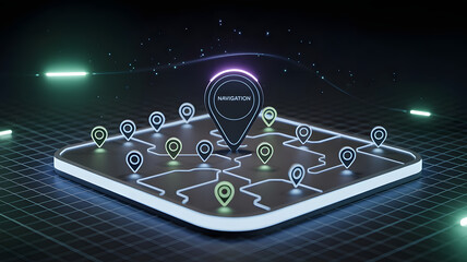 Abstract digital map with glowing location pins and futuristic design.