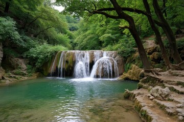 Waterfall cascading into a clear pool bordered by lush greenery and tree trunks