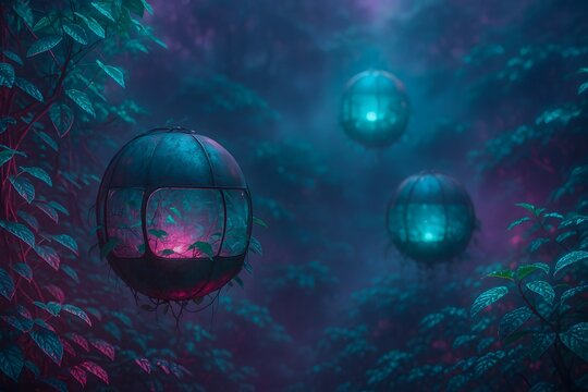 Floating Bioluminescent Pods in Neon Jungle Mist at Night - Powered by Adobe