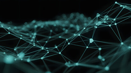 Abstract teal network of interconnected dots and lines against a dark background, suggesting connectivity, data, or technology.