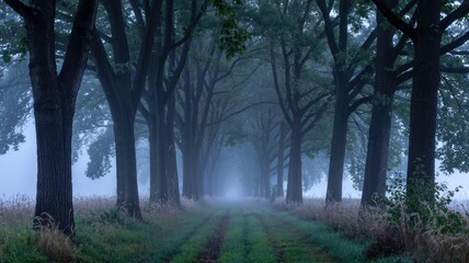 Mystical Foggy Tree-Lined Path at Dawn