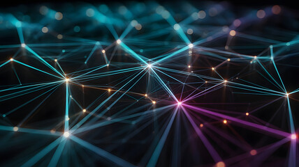 Abstract network visualization; glowing nodes and lines interconnected in a complex web.