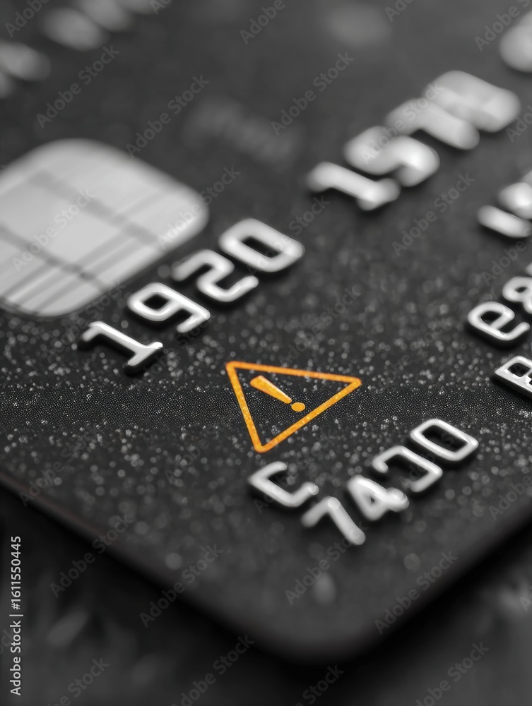 Aufkleber suspicious transaction alert shown on credit card with warning triangle icon and blurred background 