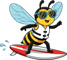 Cool cartoon bee surfing the waves in sunglasses and life vest vector illustration