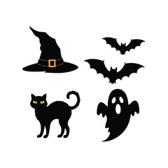 Classic Halloween elements set: witch hat, bats, black cat, and ghost silhouettes