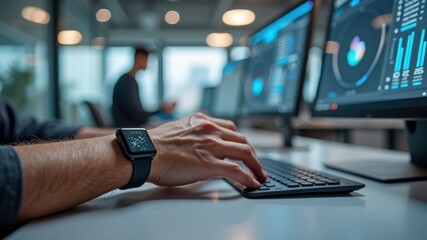 Male analyzing data on multiple computer screens in modern office