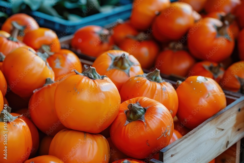 Poster vibrant orange tomatoes stacked in wooden crates, creating a colorful display at a local farmers mar
