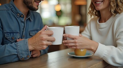 Two people clinking coffee mugs in a cozy indoor cafe, one wearing a denim shirt and the other in a white sweater, natural daylight, shallow depth focus.
