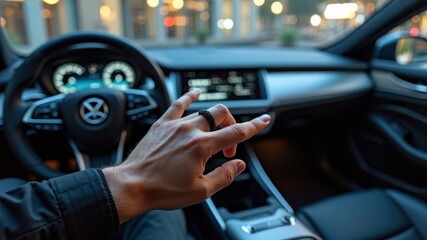 Male driver's hand in modern car interior with digital dashboard and night lights