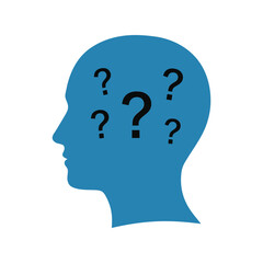 Blue human head profile with question marks, confusion and problem solving concept