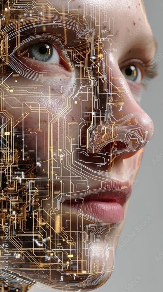 Aufkleber agi. artificial general intelligence. a human face blended with intricate golden circuit patterns, s