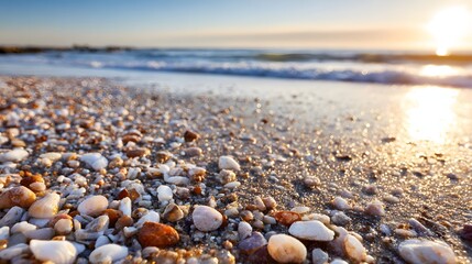 Close-up view of colorful pebbles and shells on a beach at sunrise.