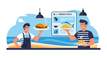 Beach Restaurant Food Orders Delivery Vector Illustration Design