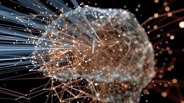 AGI. Artificial General Intelligence. A digital representation of a human brain with glowing interconnected nodes and lines on a dark background.
