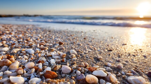 Close-up view of colorful pebbles and shells on a beach at sunrise. - Powered by Adobe